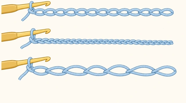 Illustration: comparing even crochet chain tension versus too tight and too loose