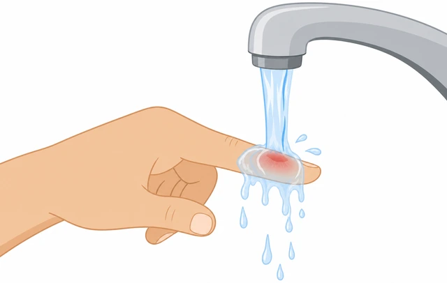 Illustration: cooling a small burn on finger or scalp with cool water