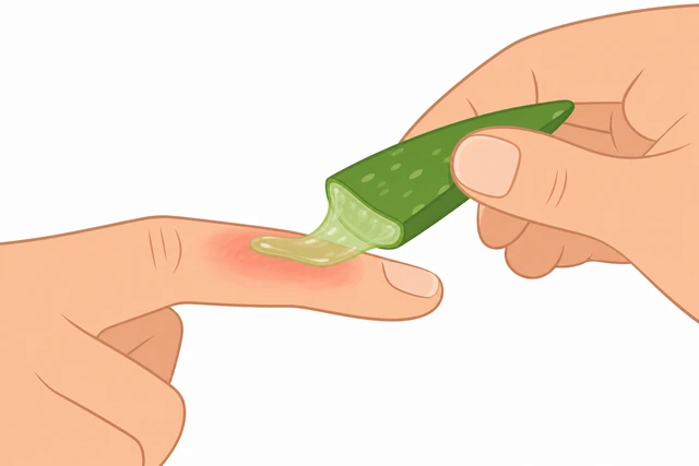 Illustration: applying aloe to intact red skin after minor curling iron burn