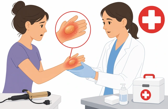 Illustration: seeking medical care for large blister or facial burn from curling iron