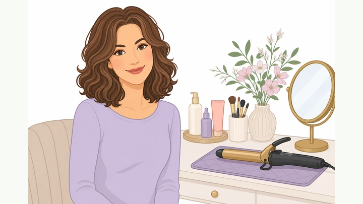 Illustration: soft even curls finished with a clamp curling iron nearby