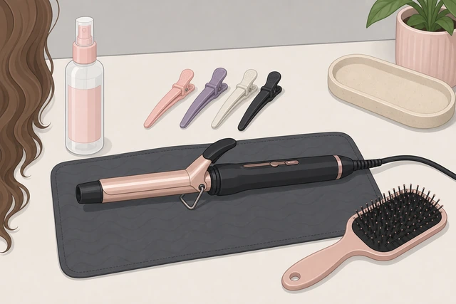 Illustration: curling iron clips heat protectant spray and heat mat laid out beside dry hair