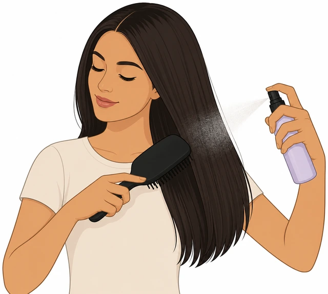 Illustration: brushing dry hair then spraying heat protectant on mid-lengths to ends