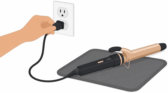 Illustration: unplugging curling iron onto heat-safe mat to cool