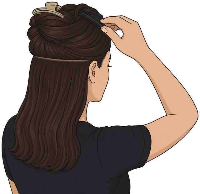 Illustration: top half of hair clipped up leaving bottom layer free to curl