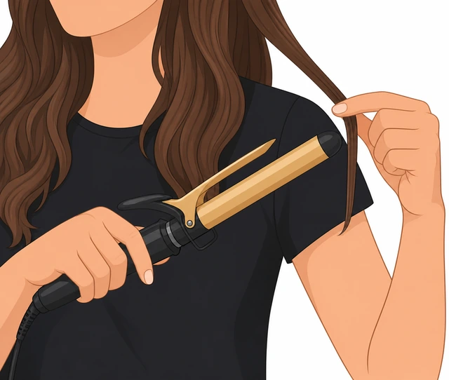 Illustration: holding a one inch hair subsection with curling iron clamp open