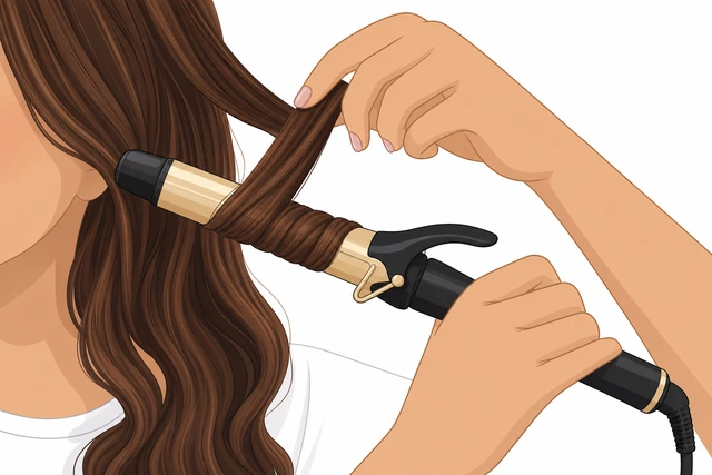 Illustration: clamping mid-shaft hair and wrapping length around curling iron barrel away from face