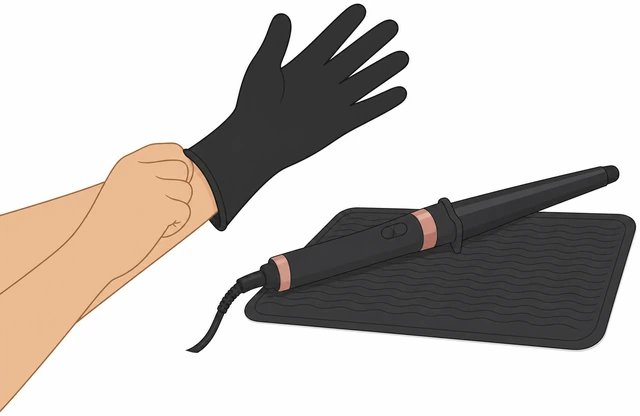 Illustration: putting on heat-resistant glove before using curling wand