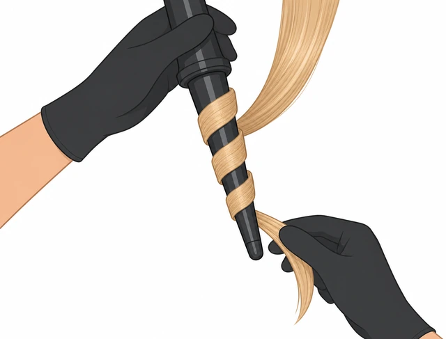 Illustration: wrapping hair around clipless curling wand with ends last