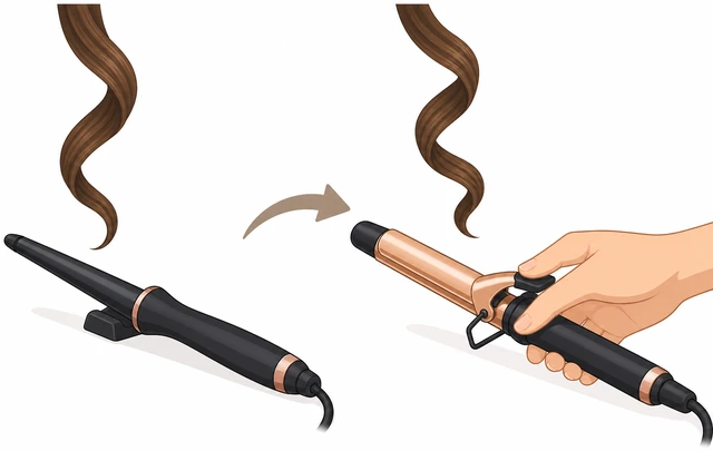 Illustration: switching from wand to clamp curling iron for easier control