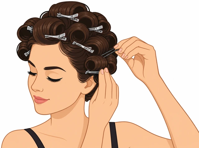 Illustration: pinning hot curls to the head to cool-set before releasing