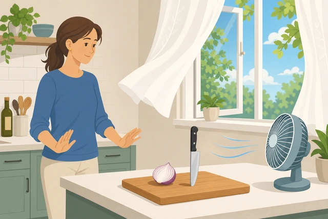 Illustration: open window or fan near a cutting board with an onion half set aside