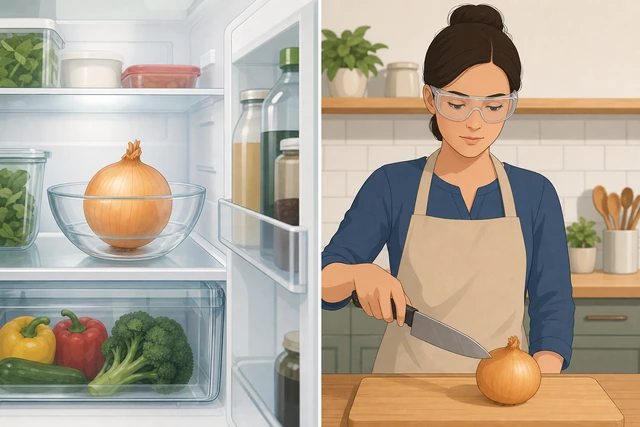 Illustration: onion in the fridge next to a person wearing onion goggles at a cutting board