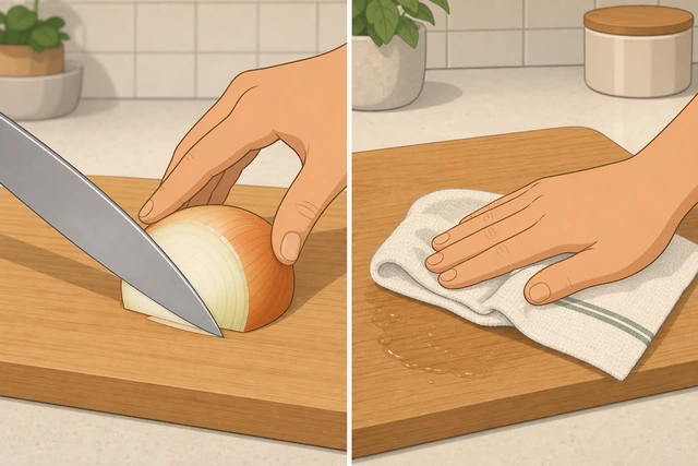 Illustration: trimming a thin fresh flat on an onion half and wiping the board dry