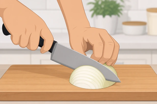 Illustration: claw grip with knuckles leading the knife on a stable onion half