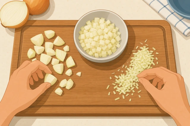 Illustration: sorting oversized onion pieces away from smaller dice on a board