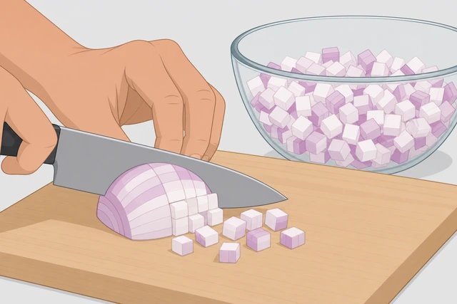 Illustration: knife cutting oversized onion chunks down to match smaller cubes