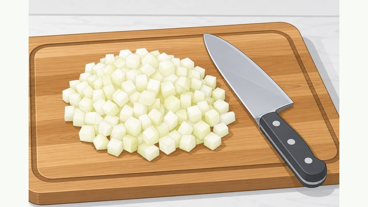 Illustration: diced onion cubes in a neat pile beside a chef's knife on a cutting board