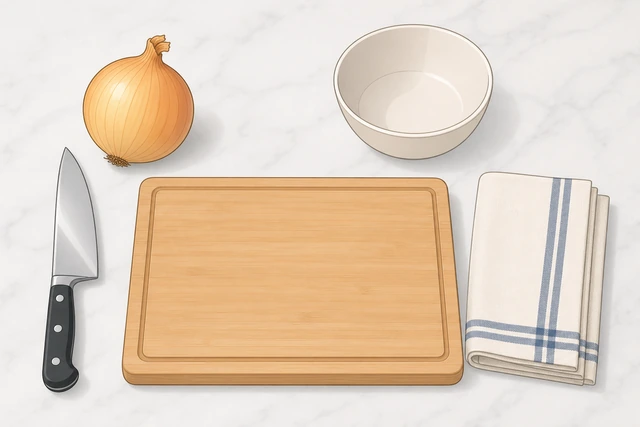 Illustration: checklist with a whole onion, chef's knife, cutting board, bowl, and towel on a counter