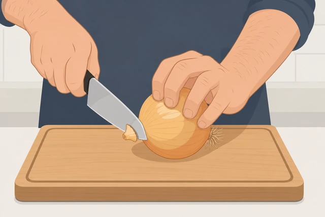 Illustration: chef's knife trimming the stem tip of an onion while the root end stays intact