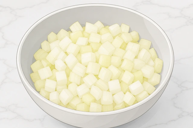 Illustration: bowl of evenly diced onion cubes ready for cooking