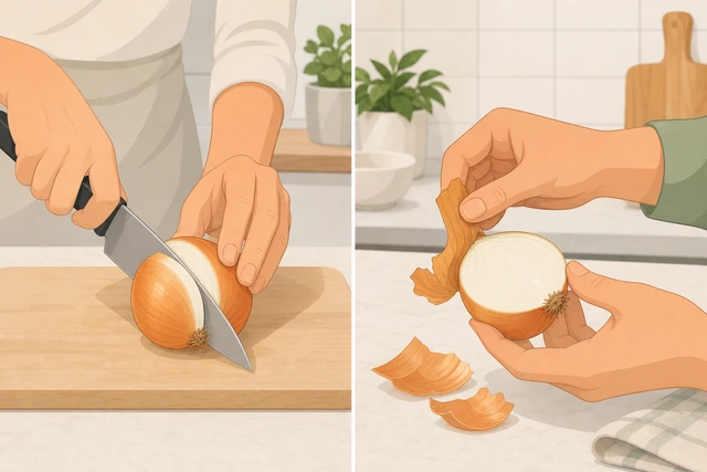 Illustration: onion halved through the root with dry outer skin being peeled away