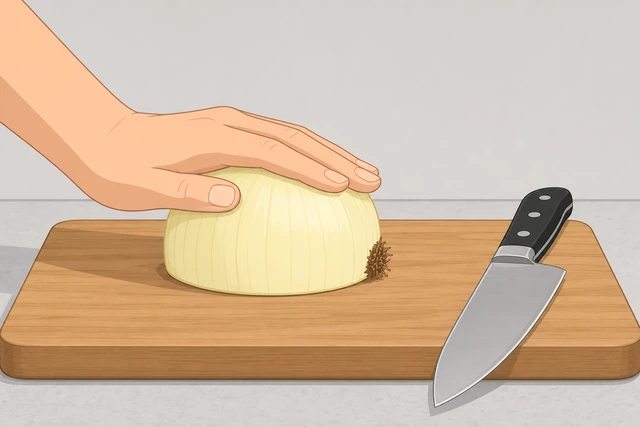 Illustration: onion half resting flat-side down on a cutting board, root end visible