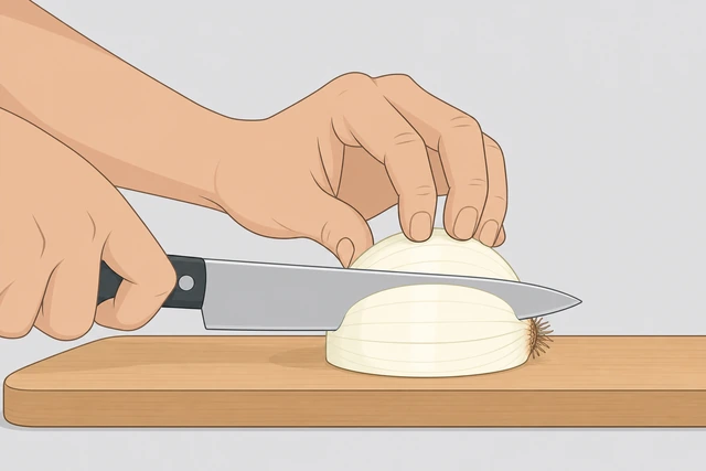 Illustration: knife making a horizontal cut through an onion half toward the root, stopping short