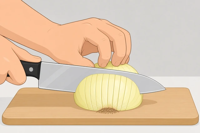 Illustration: vertical knife cuts through an onion half toward the intact root hinge