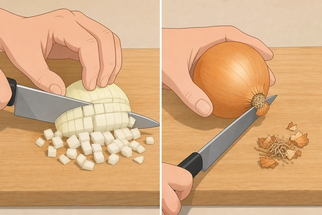 Illustration: knife cross-cutting an onion half into cubes, with the root nub set aside