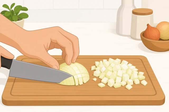 Illustration: second onion half being diced the same way beside the first pile of cubes