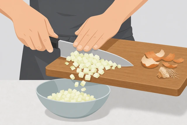 Illustration: knife or scraper moving diced onion into a bowl; peels pushed aside