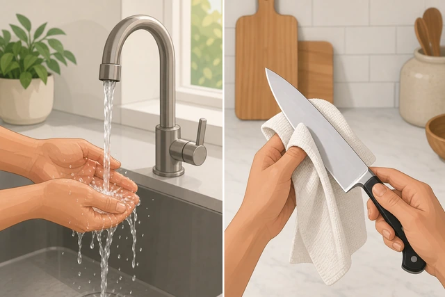 Illustration: hands rinsing under a faucet next to a knife being dried with a towel