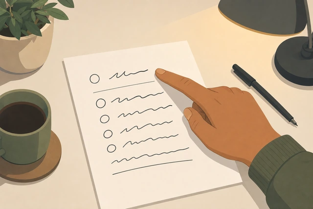 Illustration: pointing at the easiest item on a handwritten offline activity list