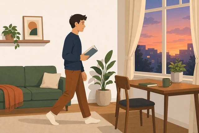 Illustration: person moving from couch to a table by a window with a book