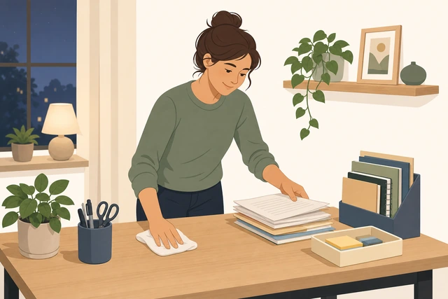 Illustration: tidying one table surface as a short offline micro-task