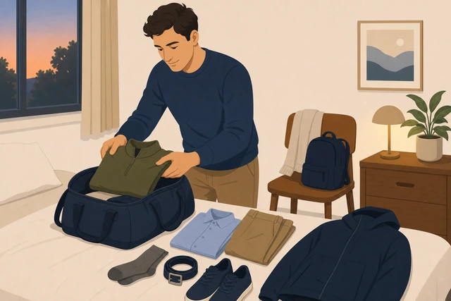 Illustration: packing a bag and laying out clothes for tomorrow without a phone