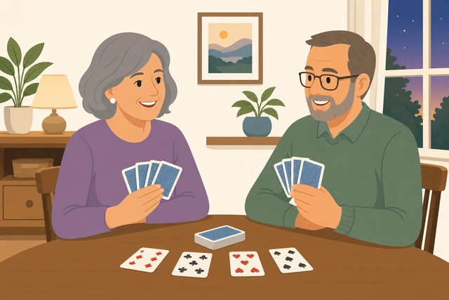 Illustration: two people playing cards at a table with phones put away