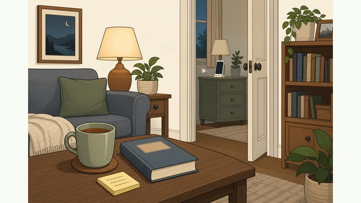 Illustration: living room evening with a paper book and tea on a table while a phone charges in another room