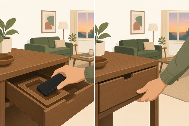 Illustration: phone returned to a drawer park spot after a short exception