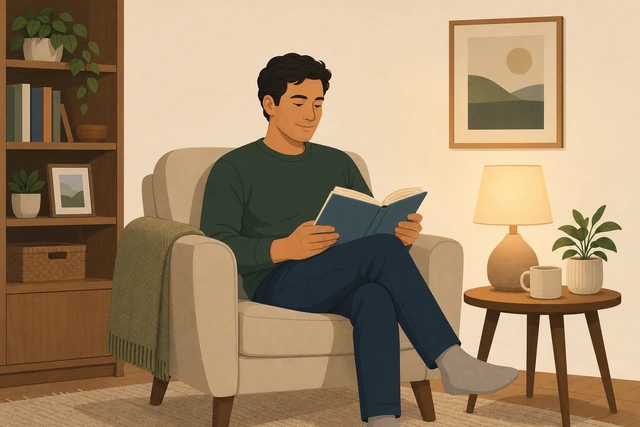 Illustration: person back to reading after re-parking the phone for five calm minutes