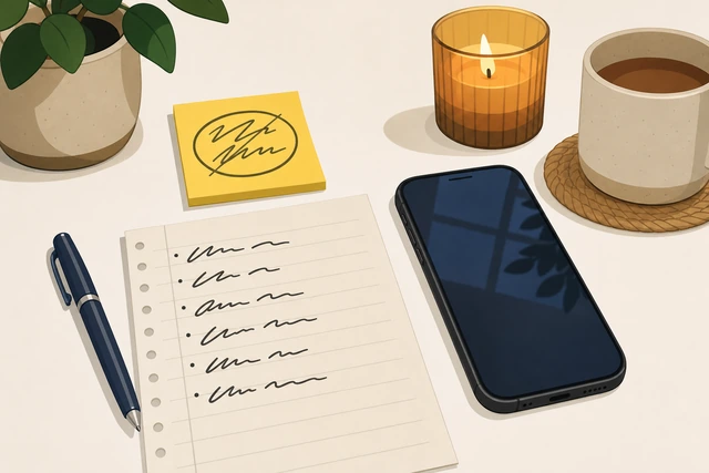 Illustration: sticky note evening rule beside a short offline activity list and a phone