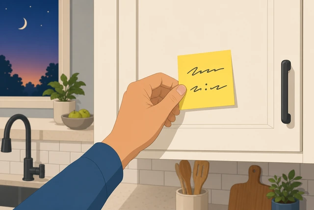 Illustration: hand placing a sticky note with an evening start time on a kitchen cabinet