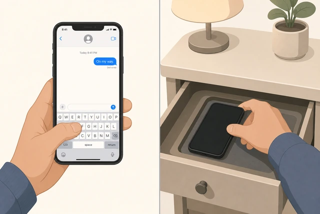 Illustration: person sending one short text then immediately returning the phone to a drawer