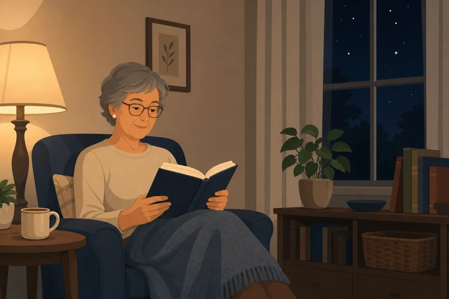 Illustration: dim evening room with a paper book and warm lamp, phone still absent
