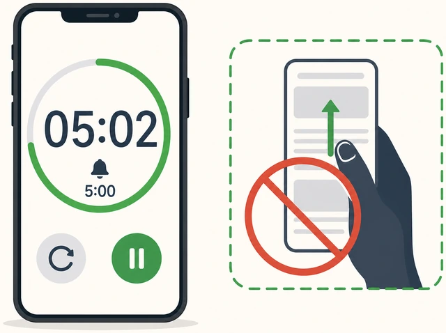 Illustration: phone with a five-minute timer running before a short bounded scroll