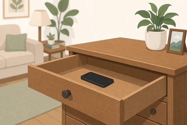 Illustration: smartphone lying inside an open dresser drawer as a park spot, no hands