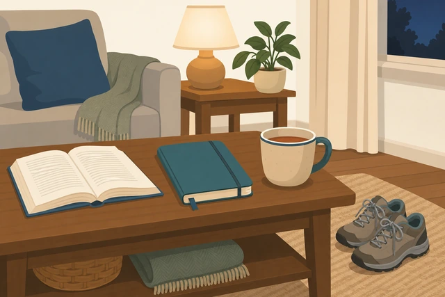 Illustration: book, journal, tea, and walk shoes laid out on a living-room table