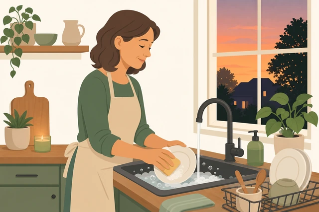 Illustration: person washing dishes as a bridge activity with phone nowhere in sight