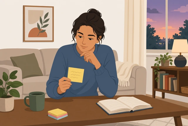 Illustration: person pausing mid-activity, reading a sticky rule, hands away from any phone